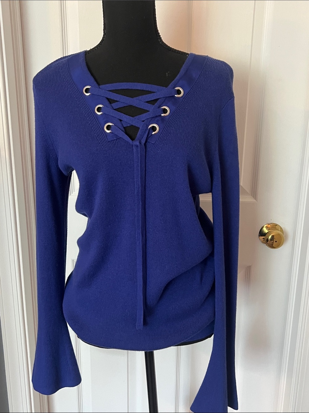 Michael Kors Lace-Up V-Neck Long Sleeve Top in Cobalt Blue